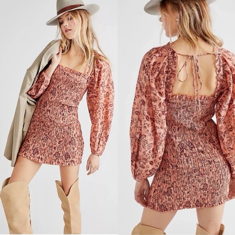 FREE PEOPLE Smock It To Me Minidress Apricot Combo
